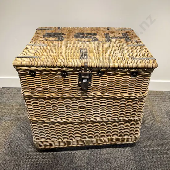 Vintage Large Woven Willow Laundry Basket Stencilled "SSH1"
