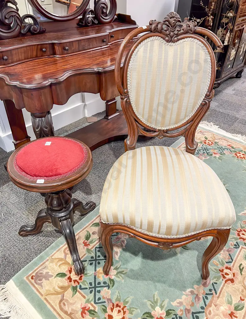Mid Victorian Solid Rosewood Piano Stool & Salon Chair (Faults) Image 1++