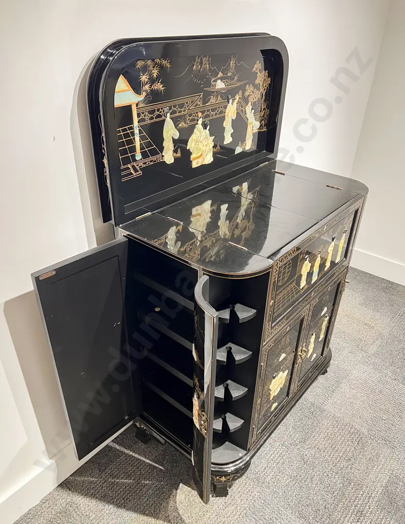 Chinese Heavy Lacquered & Decorated Cocktail Cabinet Image 1++