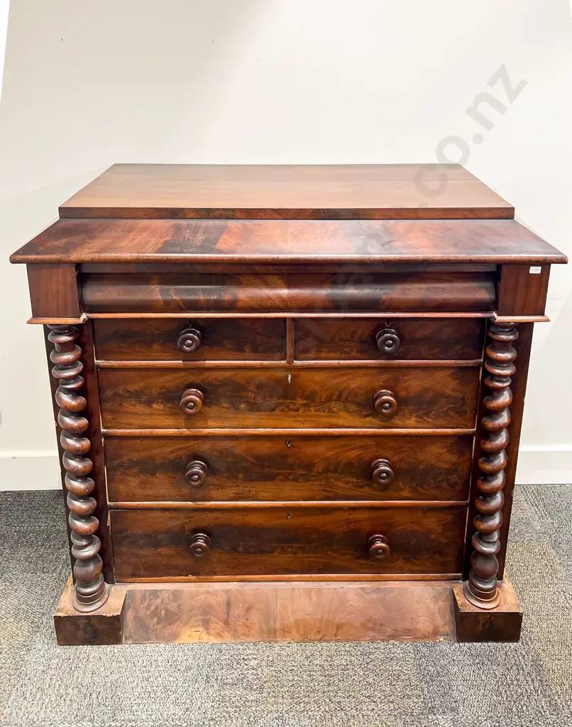 Victorian Flame Mahogany Scotch Chest with Barley Twist Column Supports Image 1++