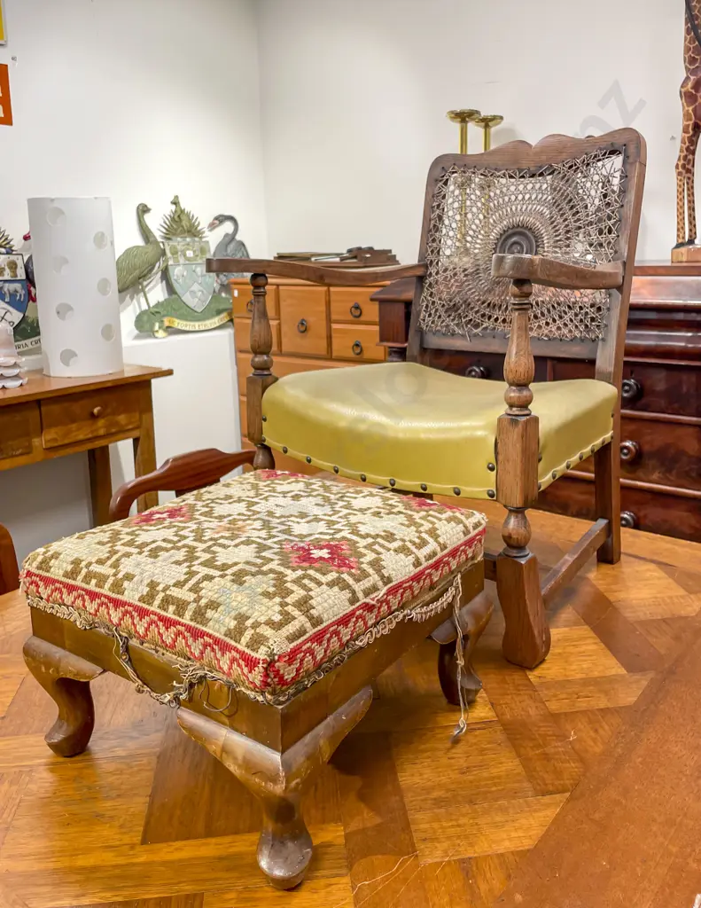 Early C20th Fireside Chair with Later Footstool - Damage to Back Caning Image 1++