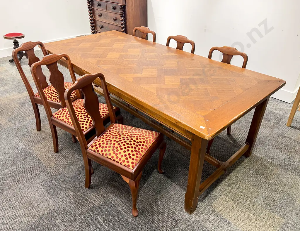 Mid C20th Refectory Design Parquetry Inlaid Dining Table with Six Non-Matching Dining Chairs Image 1++