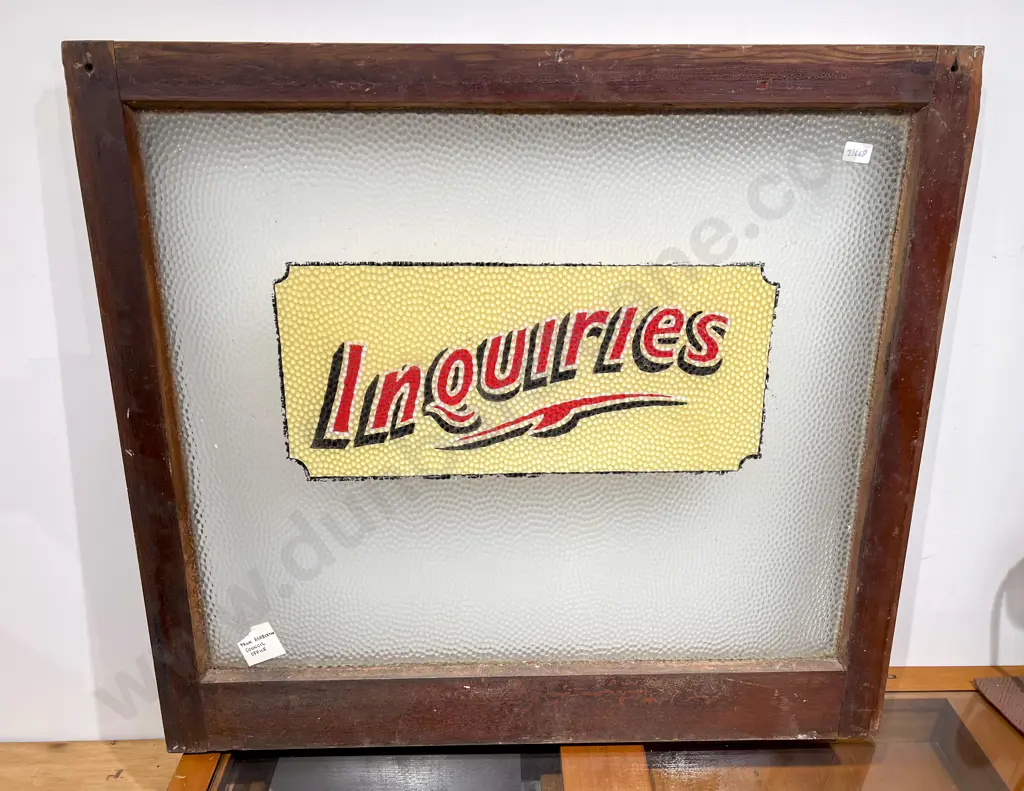 Vintage Glass Door Panel Painted "Enquires" From Ashburton Council Office Image 1++