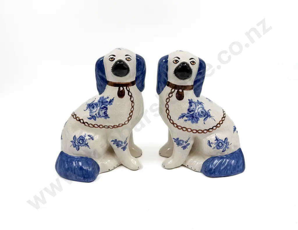 Pair of Blue & White Staffordshire Mantle Dogs Image 1++