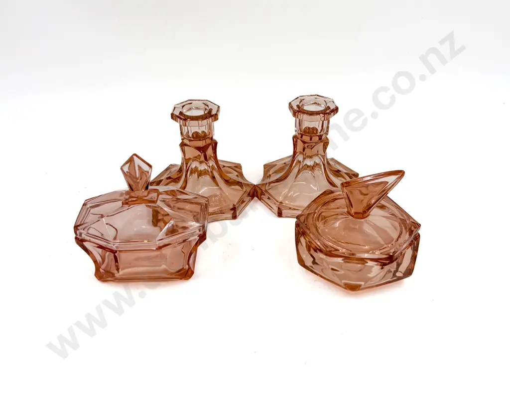 Two Depression Glass Powder Bowl & Pair of Candlesticks Image 1++
