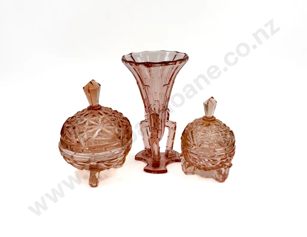 Graduation Pair of Pink Depression Glass Powder Bowls & Deco Style Trumpet Vase Image 1++