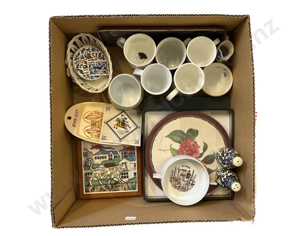 Box Quantity of Assorted incl Copper Art Nouveau Tray & Brush Decorative Tiles & Kitchenware Image 1++