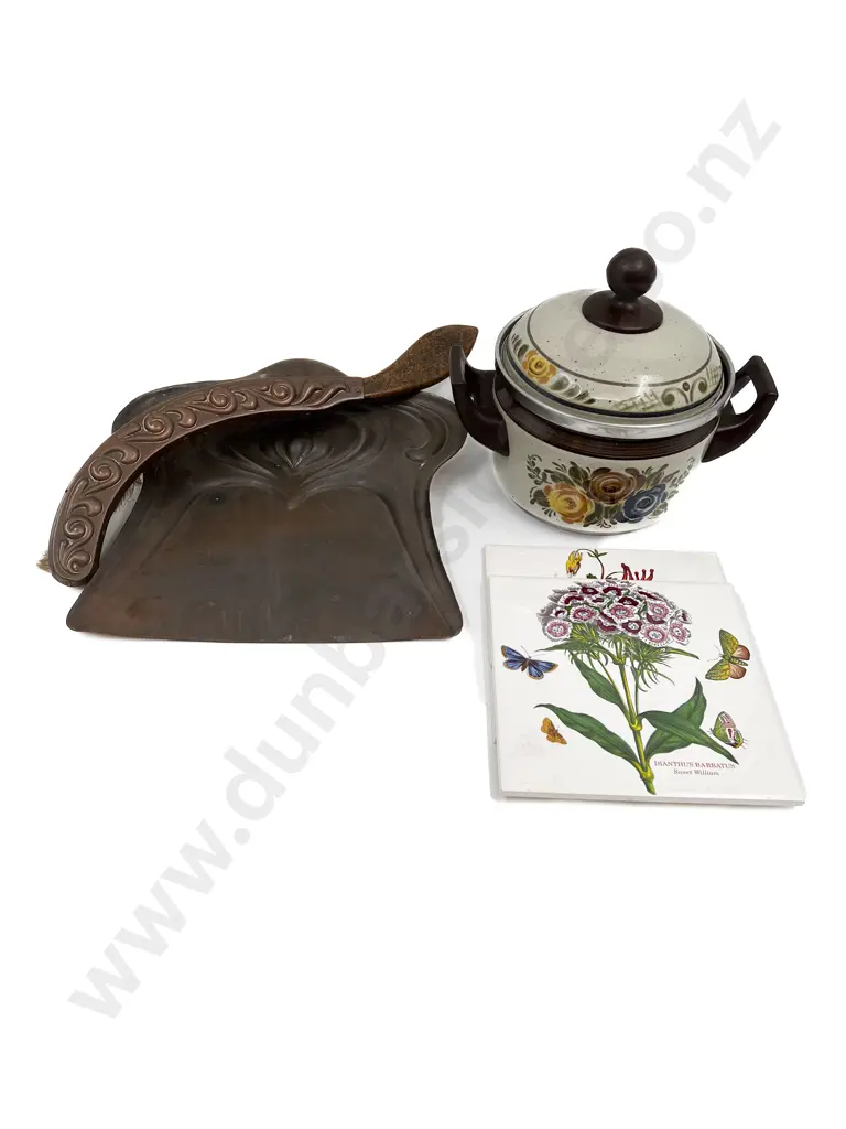 Box Quantity of Assorted incl Copper Art Nouveau Tray & Brush Decorative Tiles & Kitchenware Image 1++