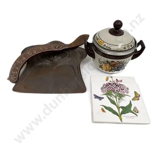 Box Quantity of Assorted incl Copper Art Nouveau Tray & Brush Decorative Tiles & Kitchenware