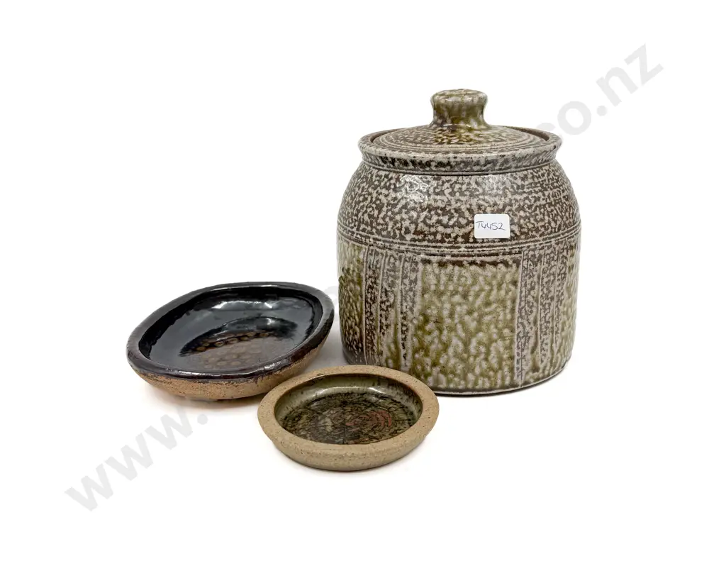 Salt Glazed Pottery Jar & Two NZ Pottery Dishes Image 1++