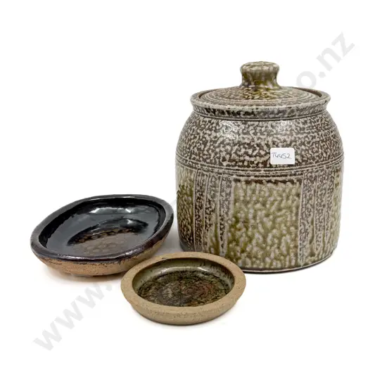 Salt Glazed Pottery Jar & Two NZ Pottery Dishes
