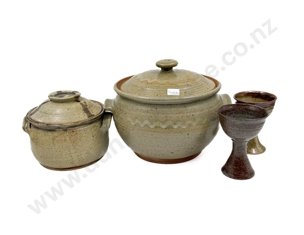 Two Pottery Casserole Dishes & Two Goblets Image 1++