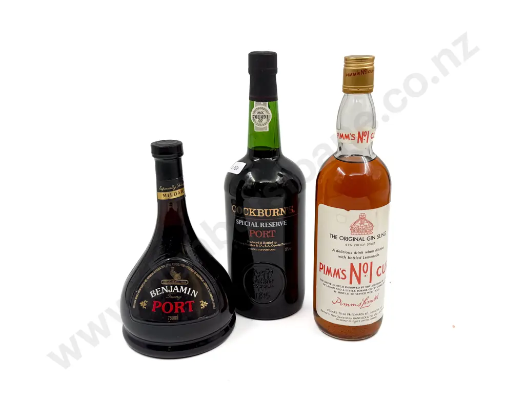 Two Bottles of Port together with Bottle of Pimm's Image 1++
