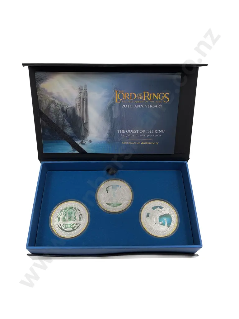 Boxed Lord of the Rings 20th Anniversary The Quest of the Ring Three 1oz Silver Proof Coins Image 1++