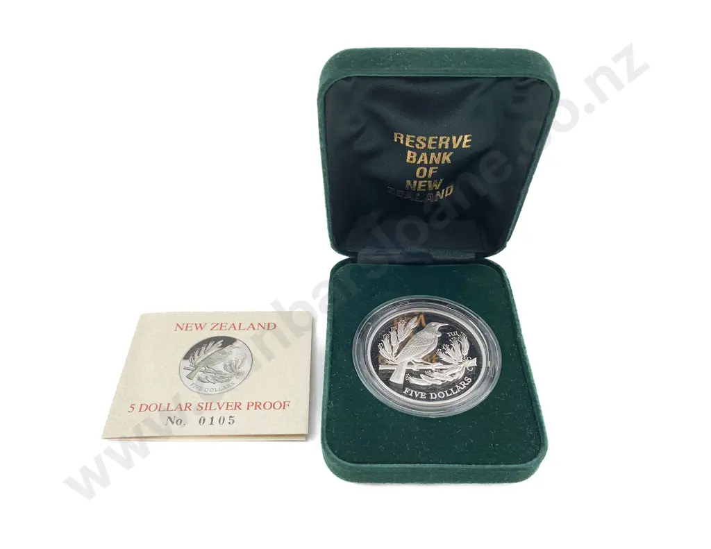 NZ 1995 Silver Proof Tui Five Dollars Image 1++