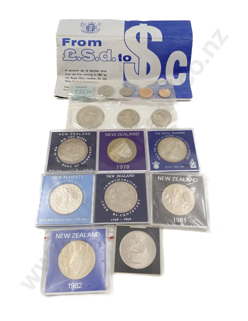 NZ Seven Various Proof $1 UK Five Shilling Proof and 1967 Decimal Souvenir Image 1++