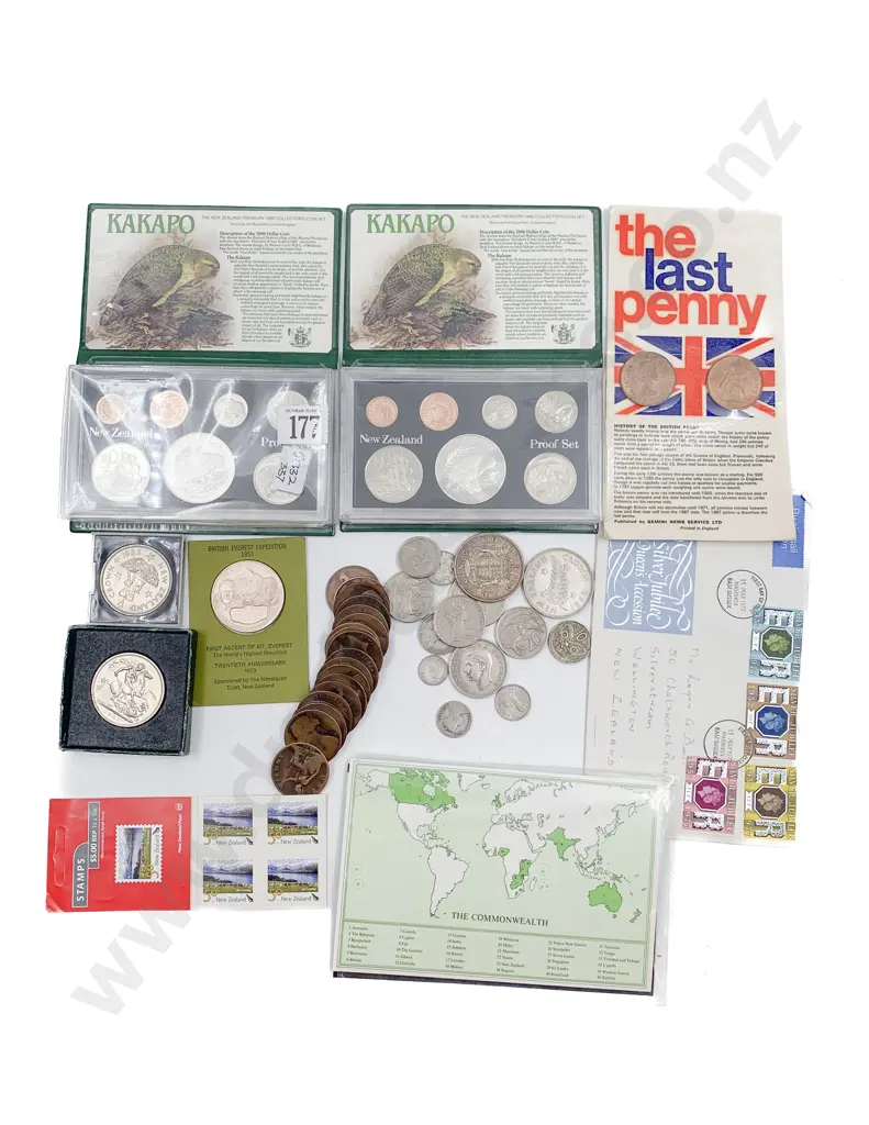 NZ Kakapo Proof Coin Set x2 with assorted coins and FDC Stamps Image 1++