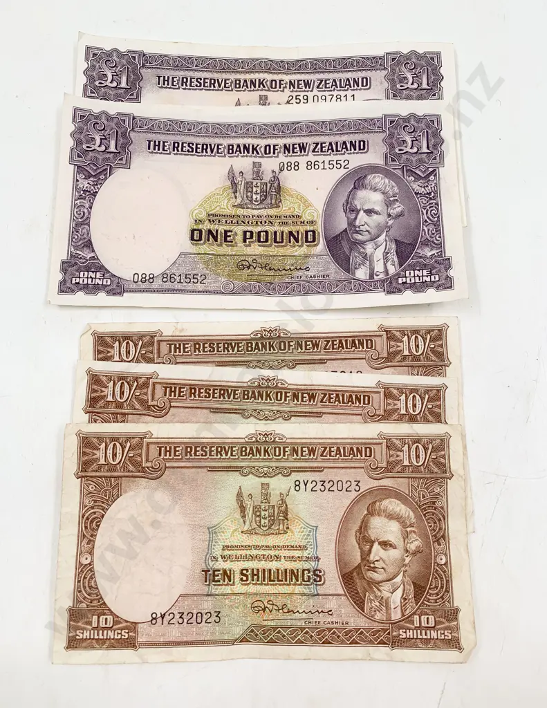 NZ Signed Fleming £1 x3 and 10/- x3 Image 1++