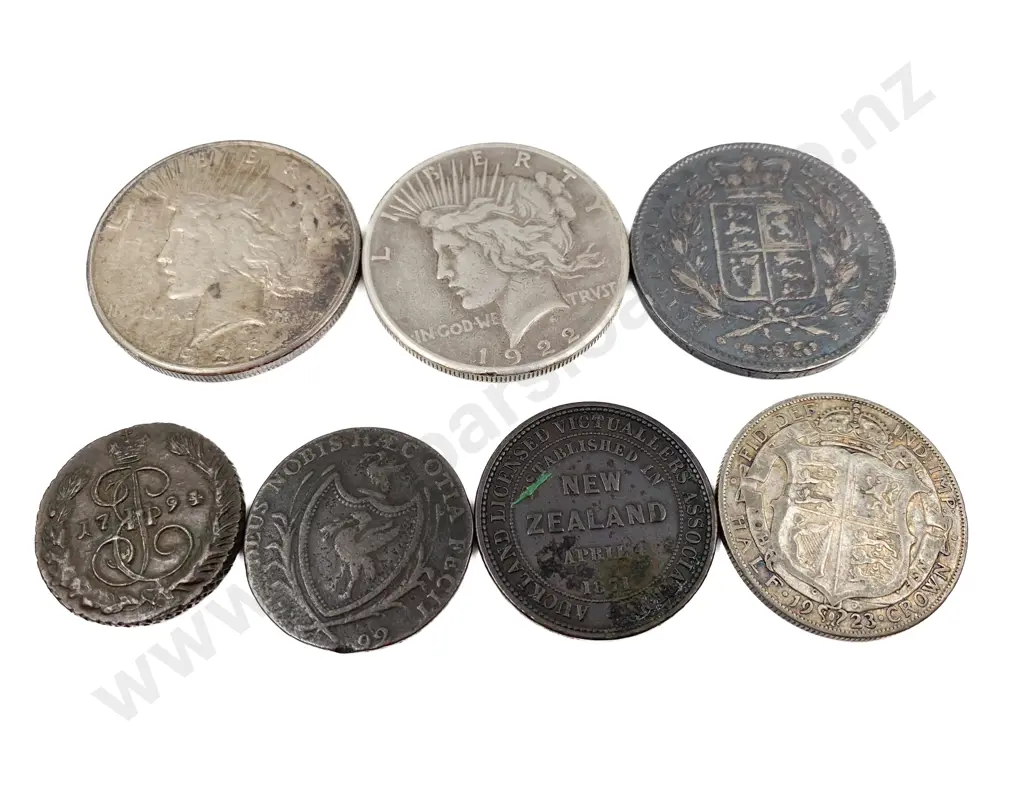 Great Britain Crown Two US Silver Dollars and four vintage coins Image 1++