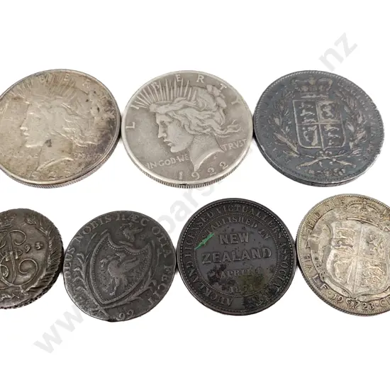 Great Britain Crown Two US Silver Dollars and four vintage coins