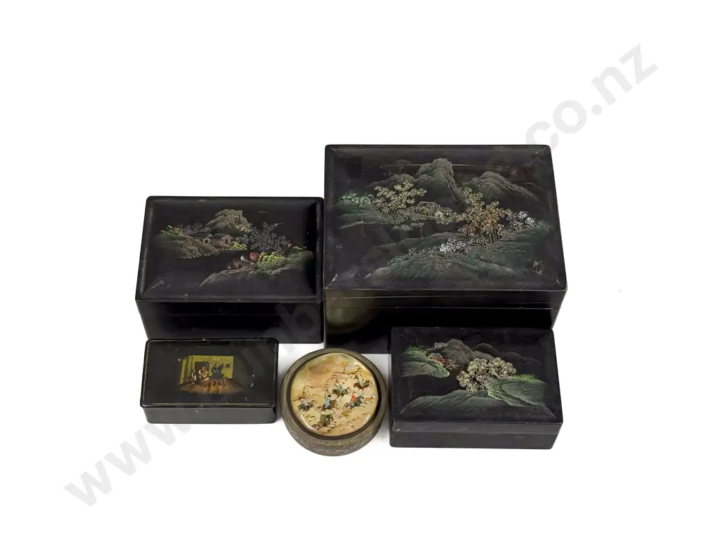 Victorian Snuff Box together with Graduated Set of Three Lacquer Boxes & Circular Trinket Box Image 1++