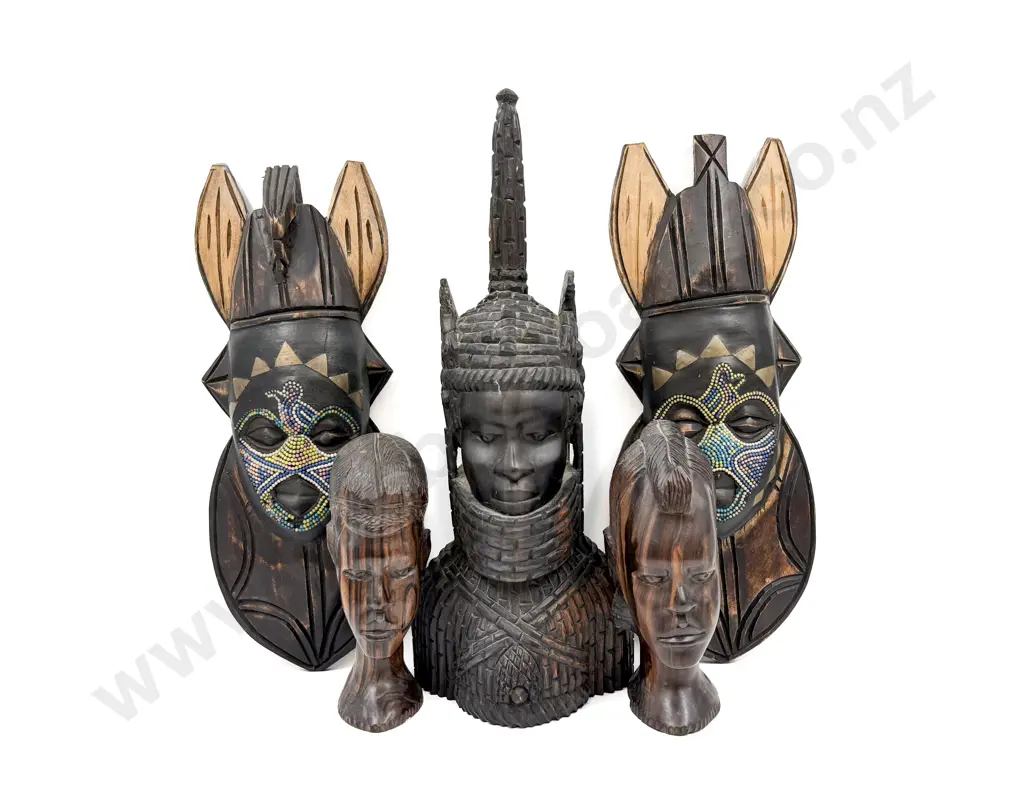 Three Carved African Busts with Pair of Masks Image 1++
