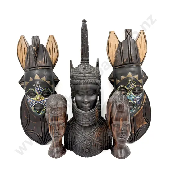 Three Carved African Busts with Pair of Masks