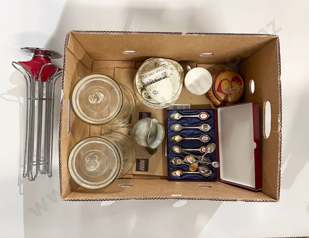 Box of Assorted including Two Glass Lidded Canisters Image 1++