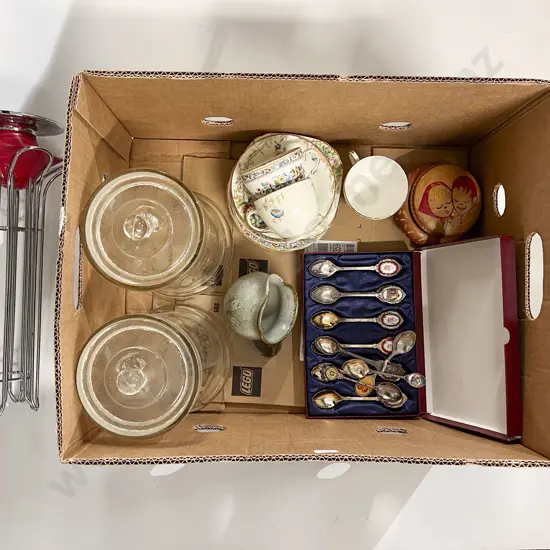 Box of Assorted including Two Glass Lidded Canisters