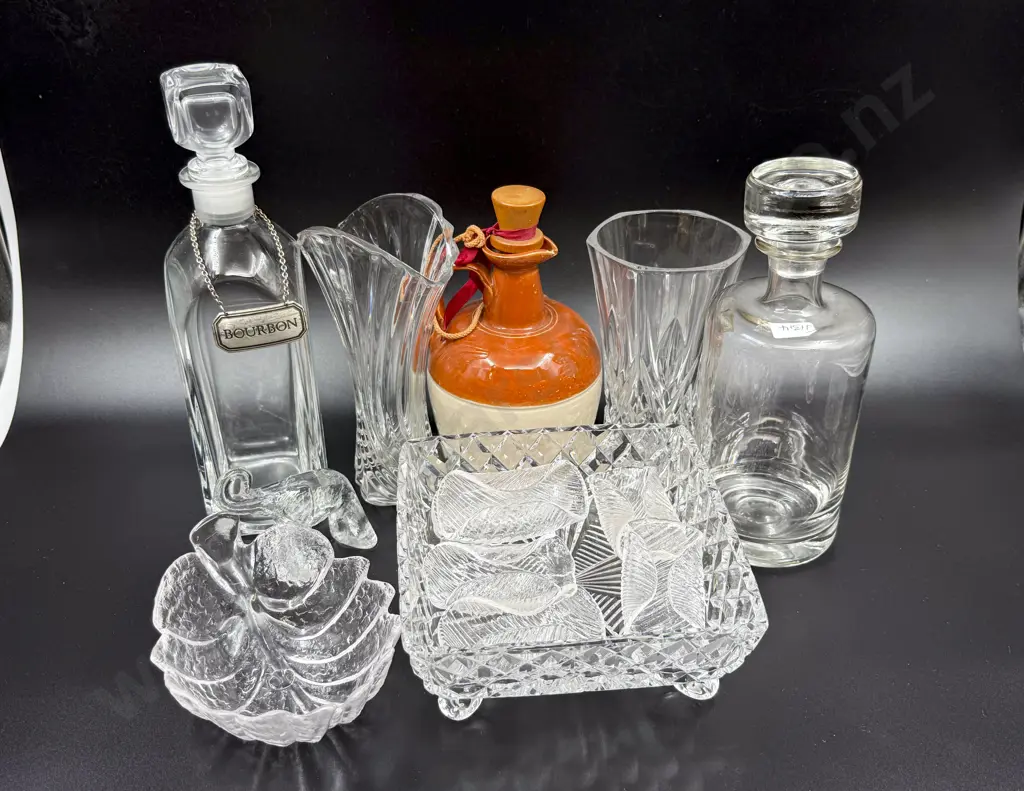 Two Glass Decanters with Stoneware Decanter & Assorted Glass & Crystal Image 1++