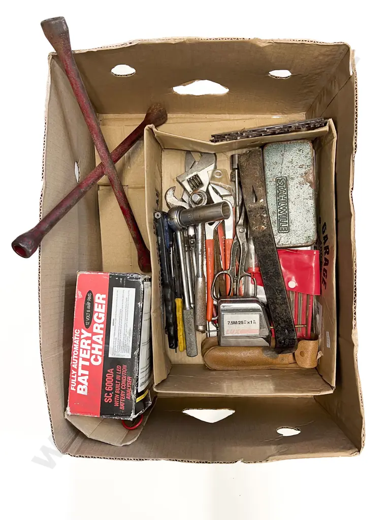 Box Quantity of Assorted Tools incl Spirit Level Battery Charger etc Image 1++