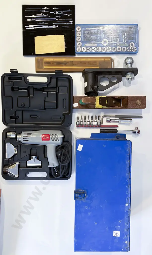 Large Tool Box with Assorted incl Tap & Die Set & Cased Heat Gun including new Tow Bar set Image 1++