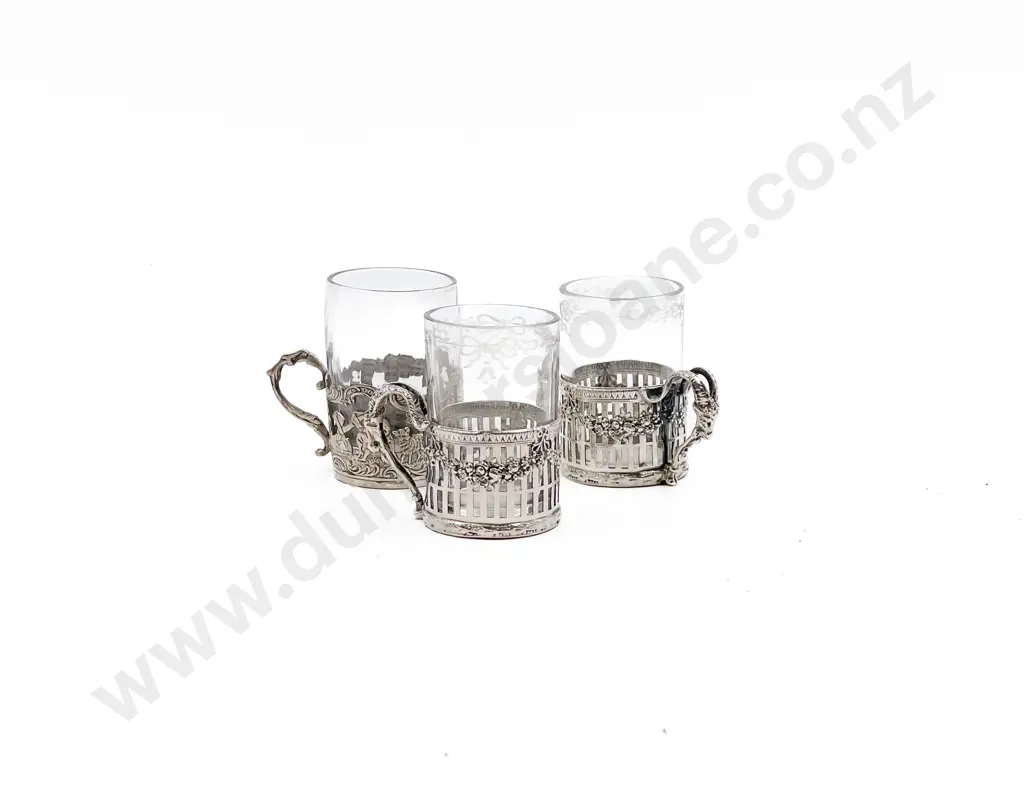 Three Small Sweet Tea Glass Cups With Silver Holders Image 1++