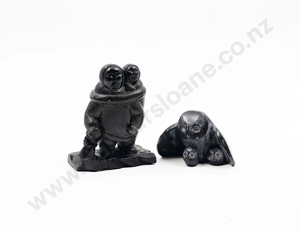 Hardstone Inuit Group Figure together with Hardstone Owl Ornament Image 1++