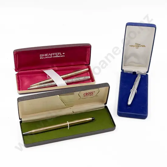 Two S/S Sheaffer Ballpoint Pens together with Cased Gold Plated Cross Pen & Other