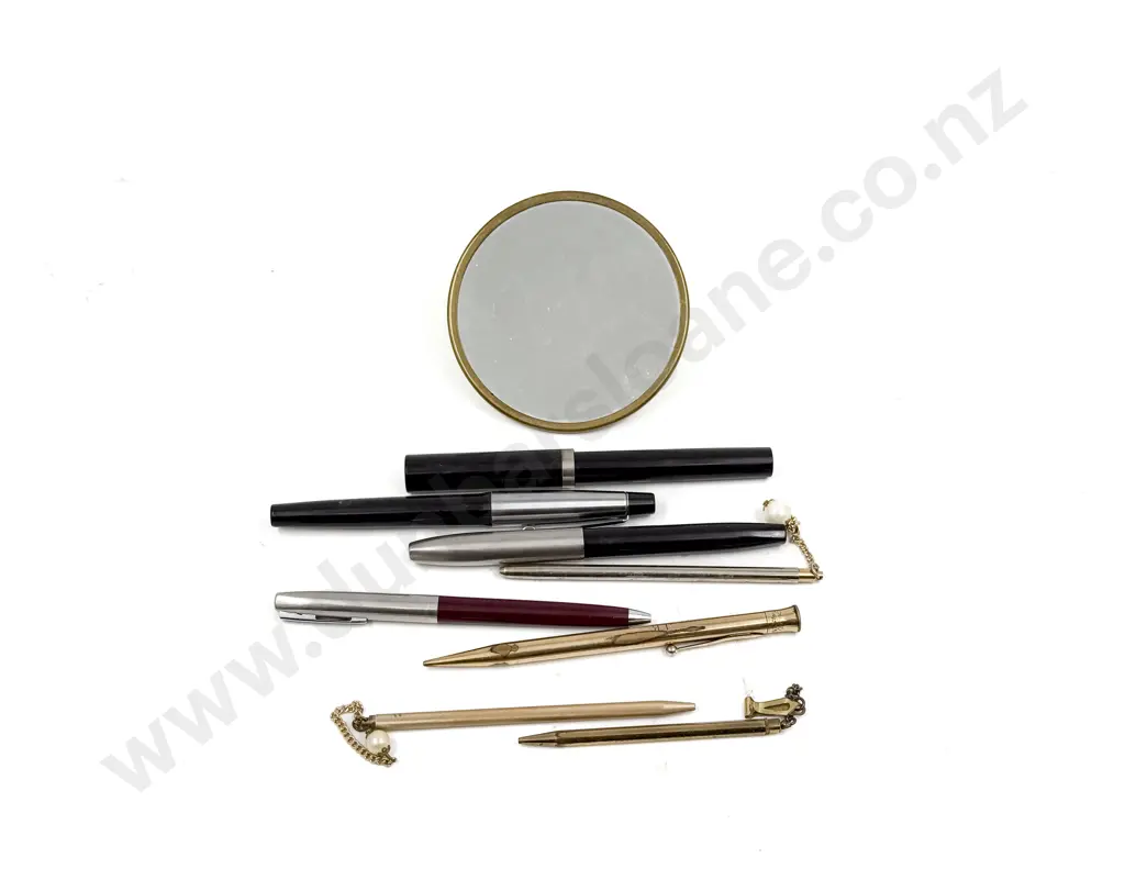 Quantity of Assorted Pens incl Sheaffer together with Small Enamelled Makeup Mirror (Faults) Image 1++