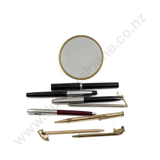 Quantity of Assorted Pens incl Sheaffer together with Small Enamelled Makeup Mirror (Faults)