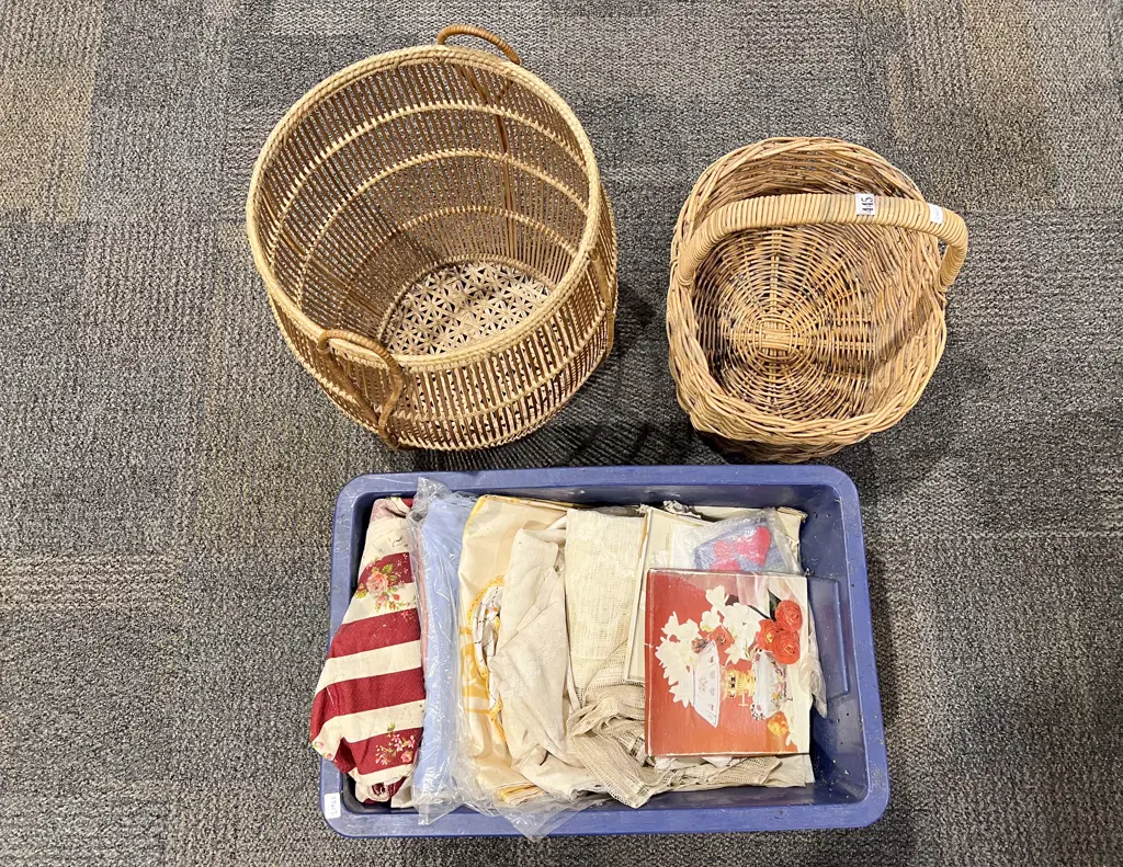 Two Wicker Baskets & Tub of Assorted Linen Image 1++