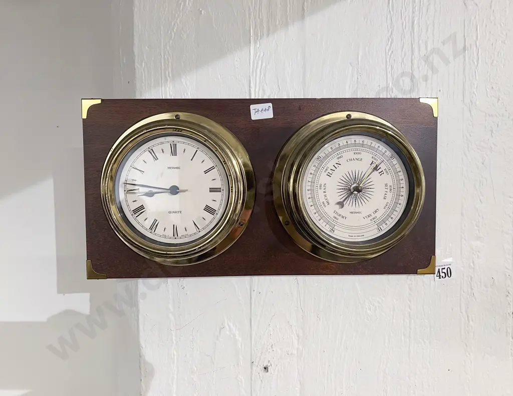 Reproduction Ship's Clock/Barometer on Brass Bound Plaque Image 1++