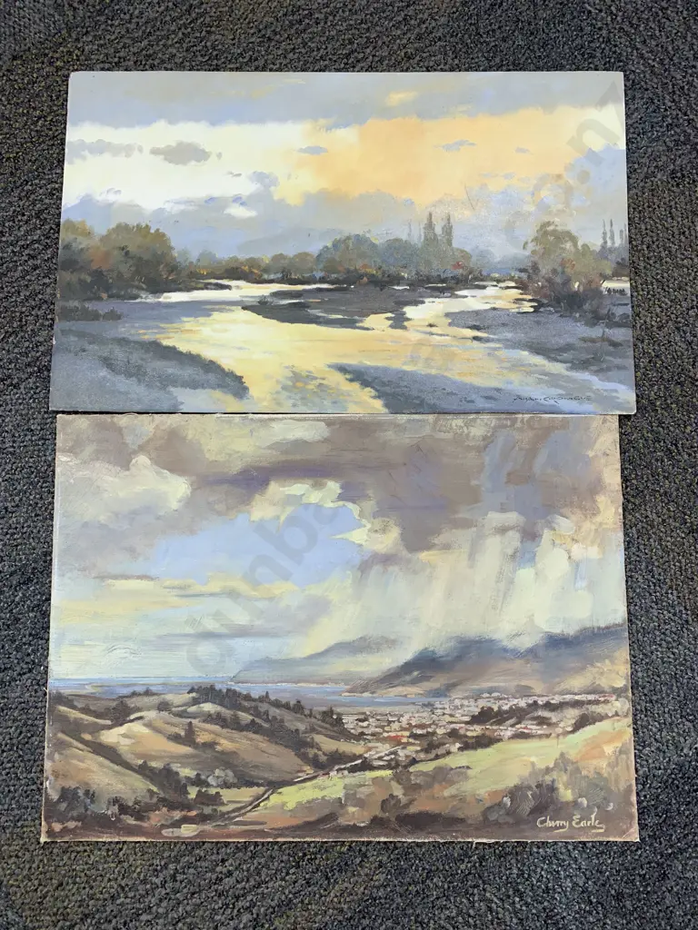 Allan Crombie Oil Landscape with Cherry Earle Oil Landscape (both unframed) Image 1++
