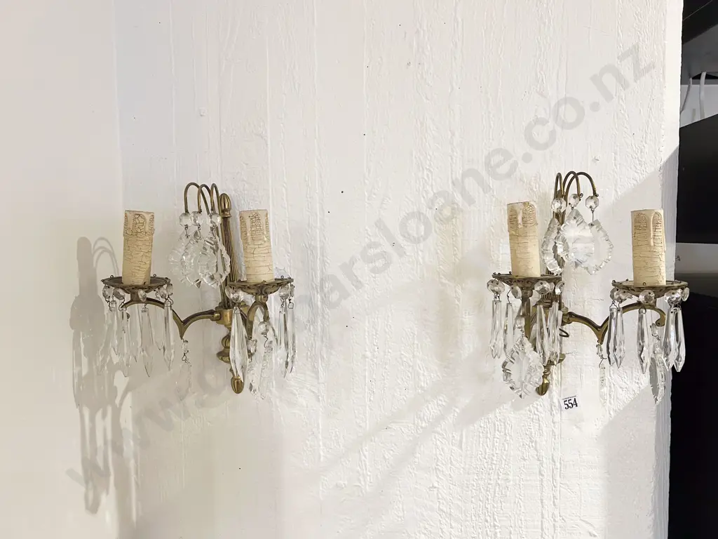 Pair Brass & Crystal Wall Lights Image 1++