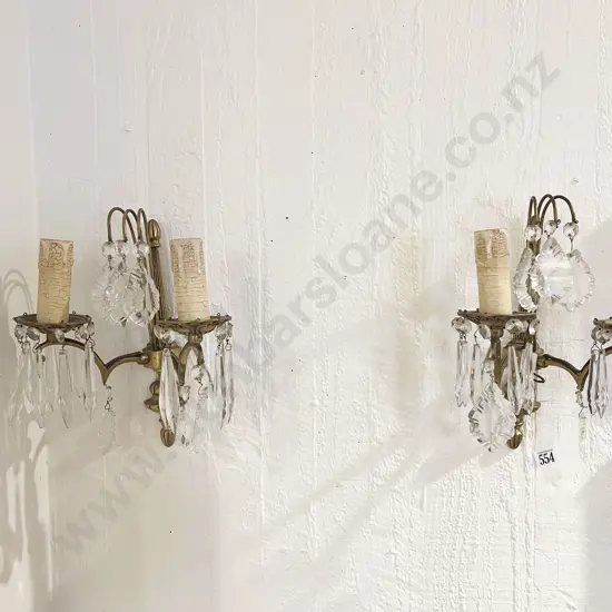 Pair Brass & Crystal Wall Lights