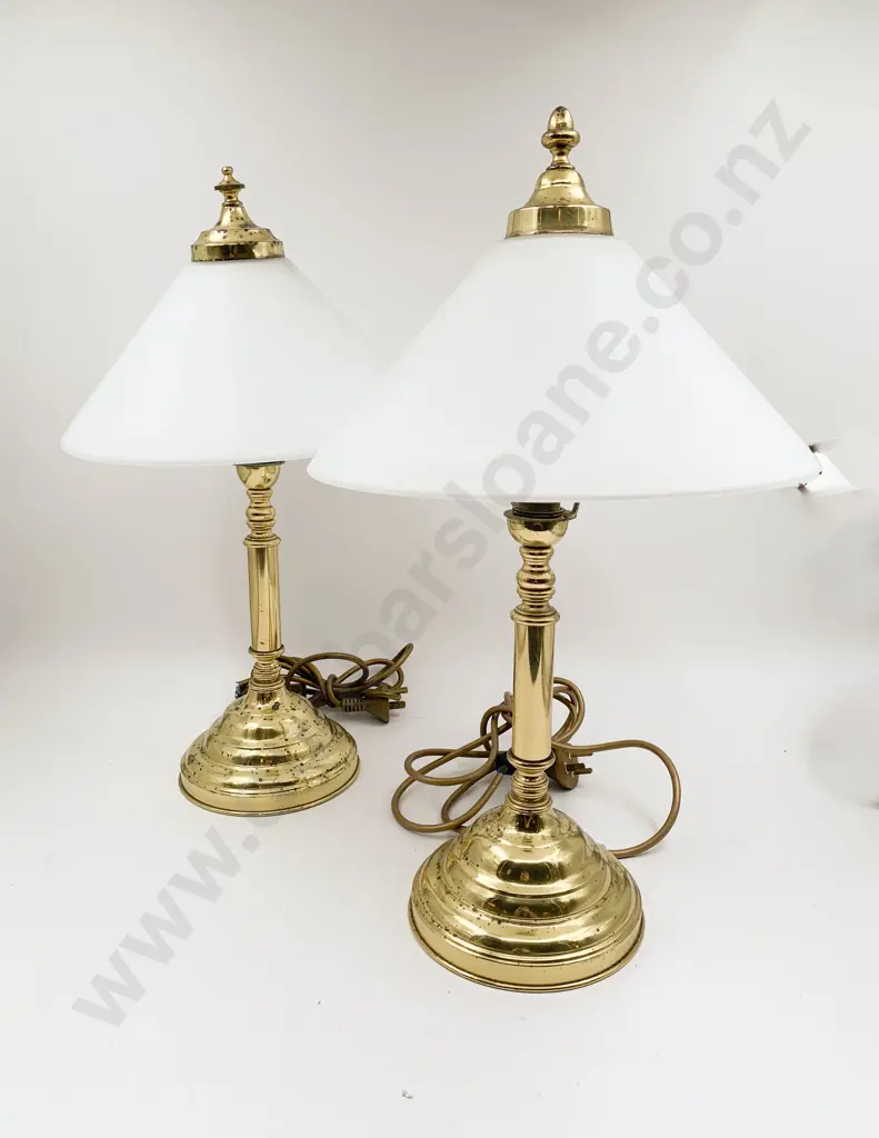 Pair Brass Table Lamps With Glass Shades Image 1++