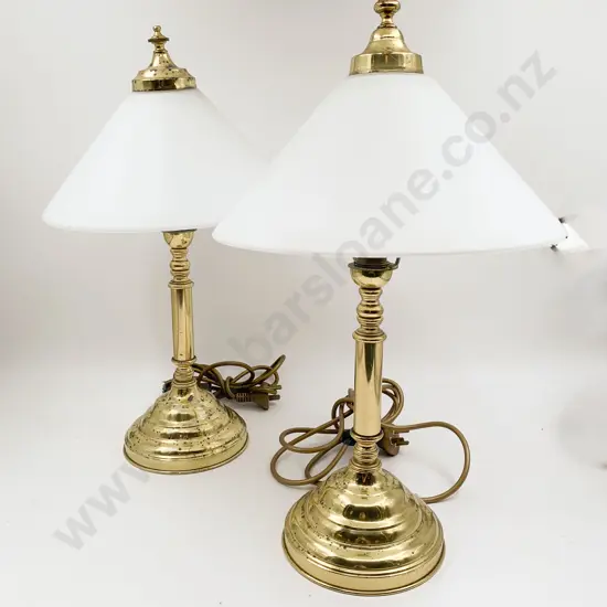 Pair Brass Table Lamps With Glass Shades