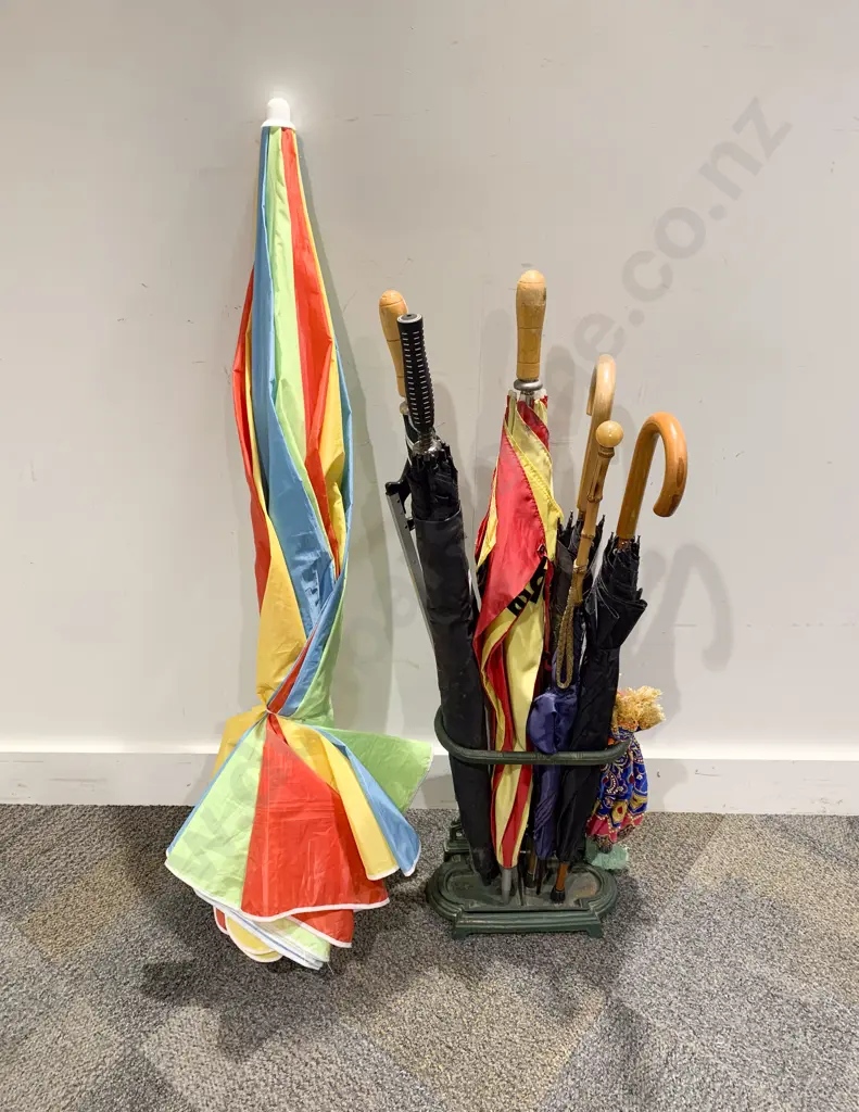 Wrought Metal Stick Stand & Assorted Umbrellas Image 1++