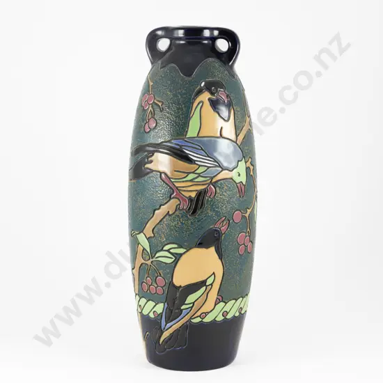 Early C20th Two Handled Amphora Vase with Stylised Birds & Berries