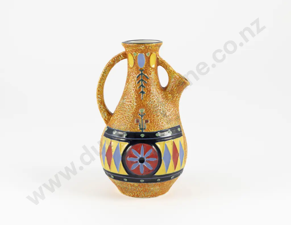 Early C20th Amphora Ceramic Pitcher Vase With Stylised Floral & Diamond Border Image 1++