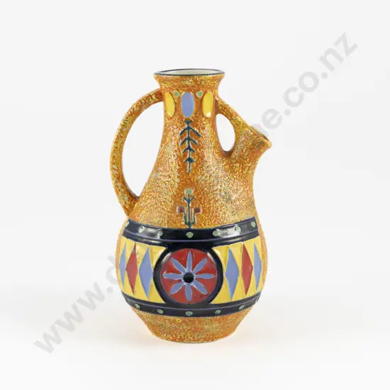 Early C20th Amphora Ceramic Pitcher Vase With Stylised Floral & Diamond Border