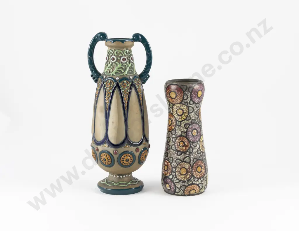 Early C20th Amphora Urn Floral Border Matt Green Ground & Other Overall Floral Vase Image 1++