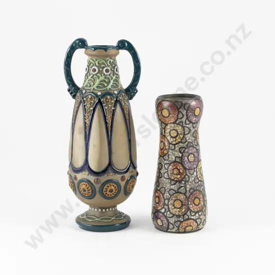 Early C20th Amphora Urn Floral Border Matt Green Ground & Other Overall Floral Vase